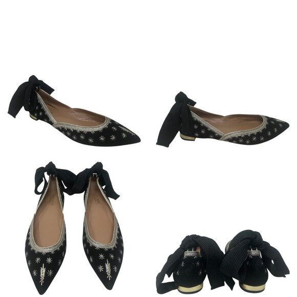 Aquazzura Bliss Black Suede Gold Embroidered Stars Ankle Wrap Ballet Flats 11 - Picture 12 of 13